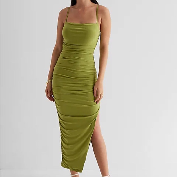 Express Dresses & Skirts - Express BodyCon Ruched Side Slit Midi Dress With Bra Cups in Green